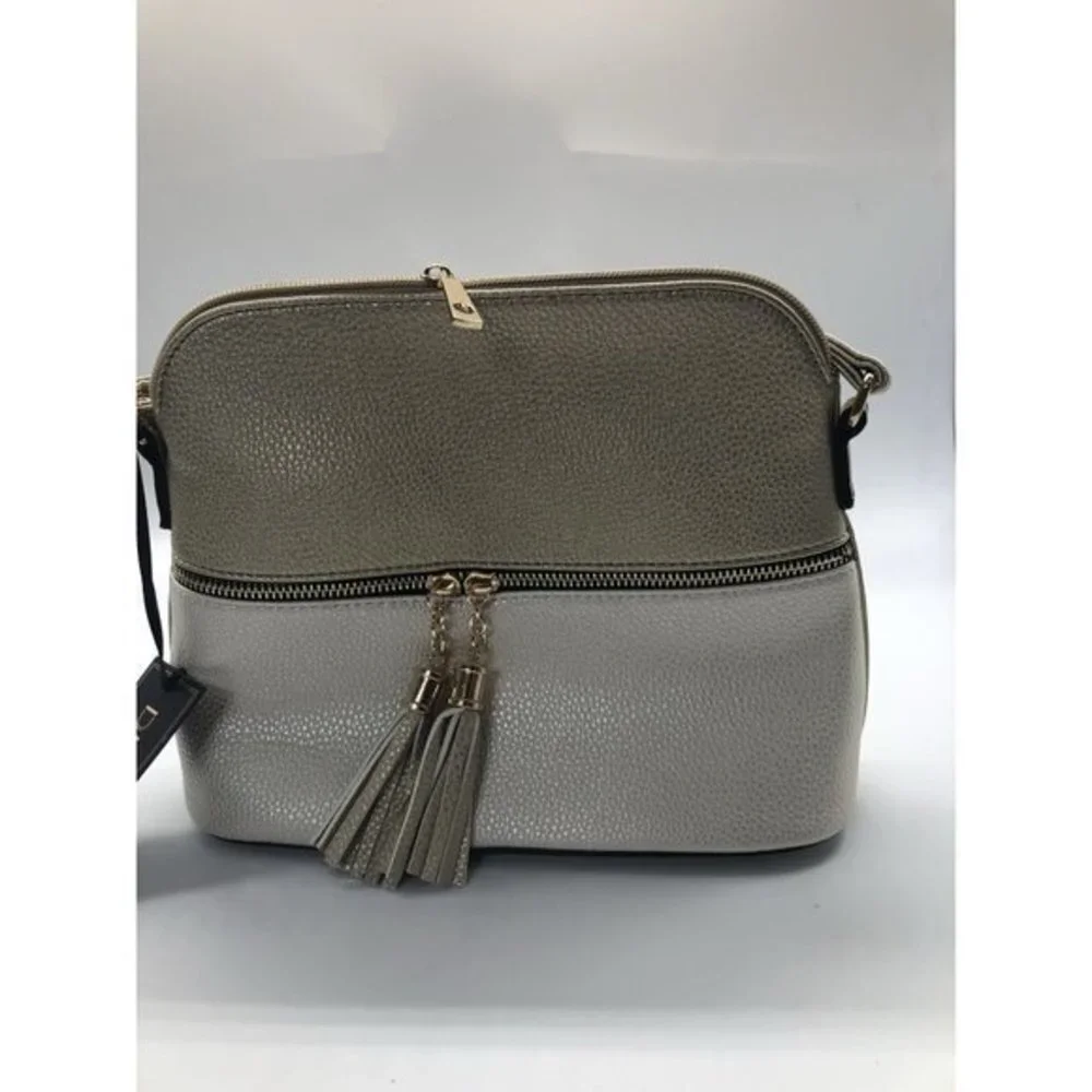 Crossbody‎ Bag Womens Gold Two Tone Tassel Faux Leather Purse